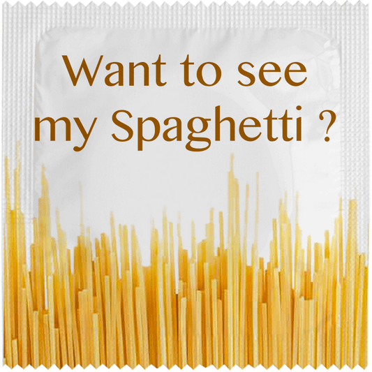 Image of funny condom "Want To See My Spaghetti"