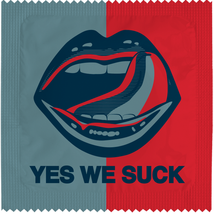 Image of funny condom "Yes We Suck"