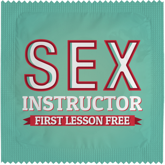 Image of funny condom "Sex Instructor - First Lesson Free"