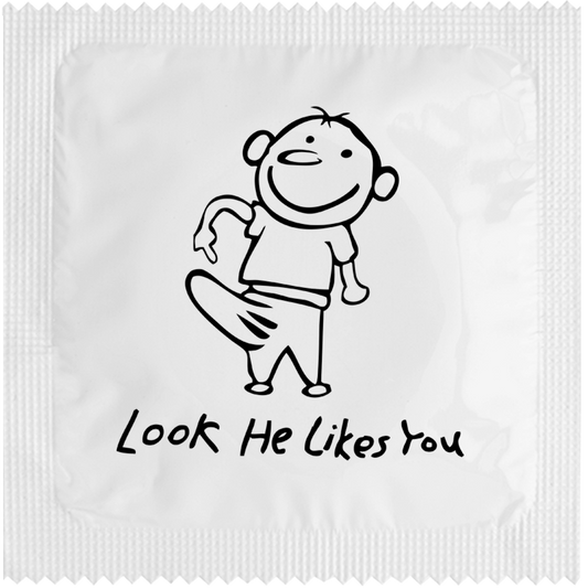 Image of funny condom "Look he likes you"