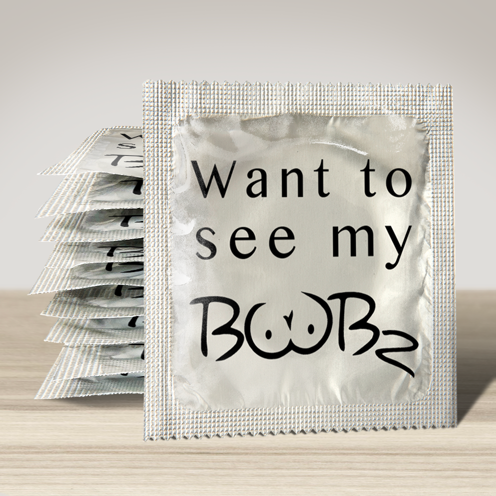 Image of funny condom "Want to see my boobz", 10 units