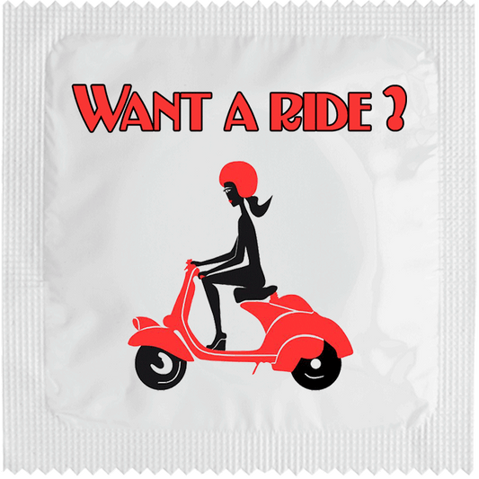 Image of funny condom "Want A Ride ? Red Vespa"