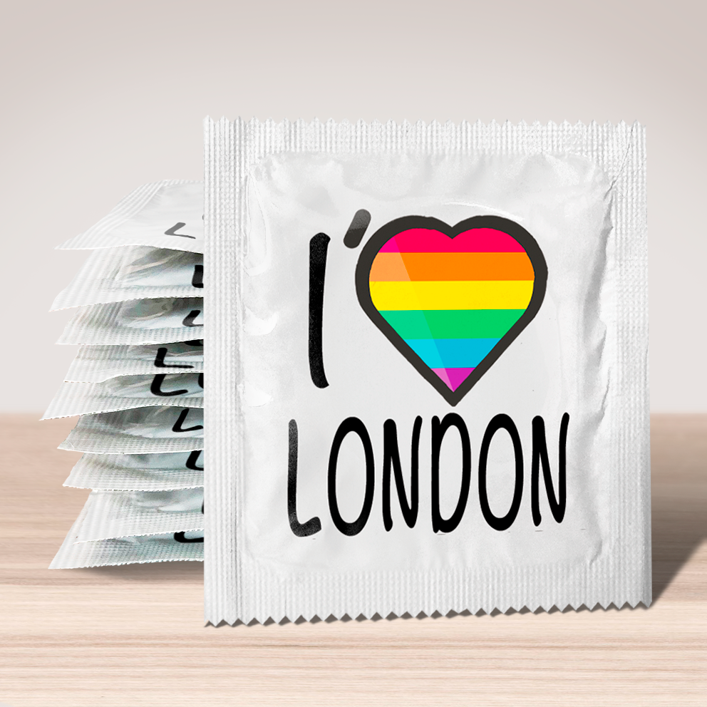 Image of funny condom "I Love London (rainbow flag)", 10 units