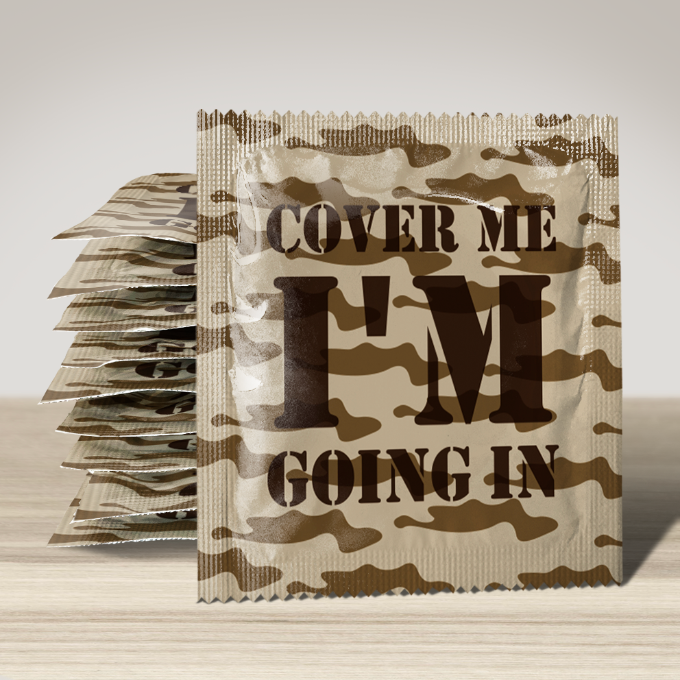 Image of funny condom "Cover Me I'm Going In", 10 units
