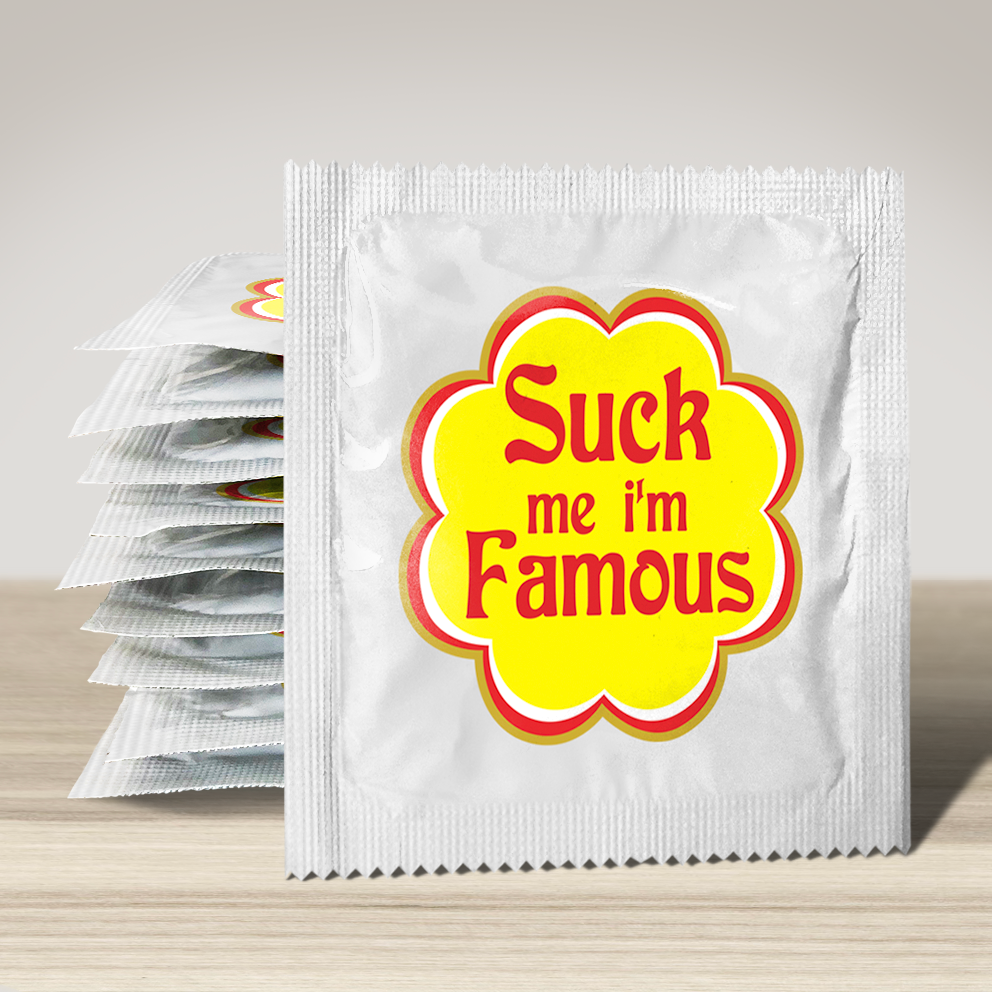Image of funny condom "Suck me I'm famous", 10 units