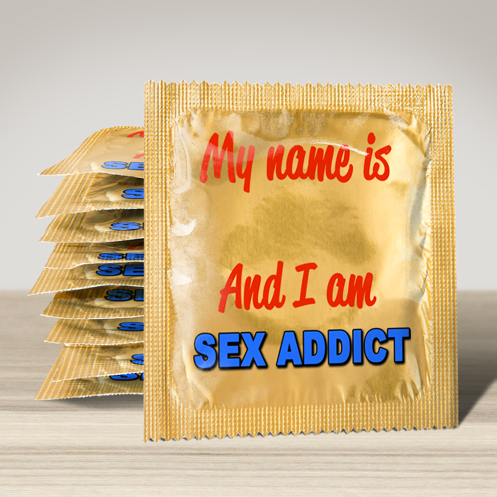 Image of funny condom "My name is sex addict", 10 units