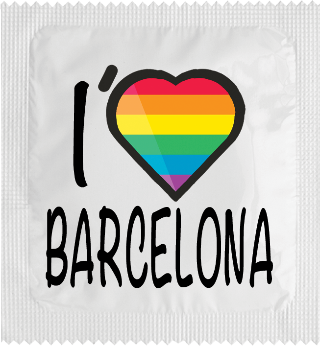 Image of funny condom "I Love Barcelona (rainbow flag)"