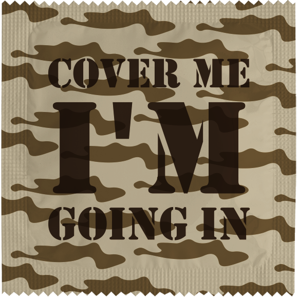 Image of funny condom "Cover Me I'm Going In"