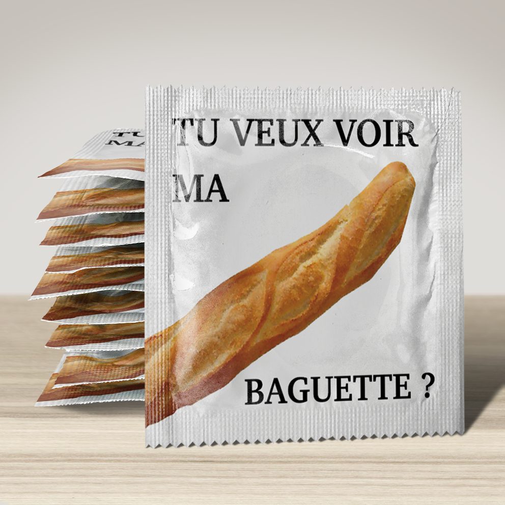 Image of funny condom "Tu veux voir ma Baguette", 10 units