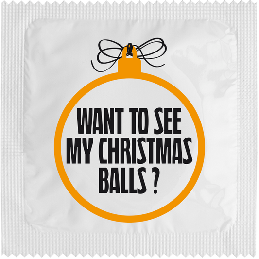 Image of funny condom "Want to see my Crystmas balls ?"