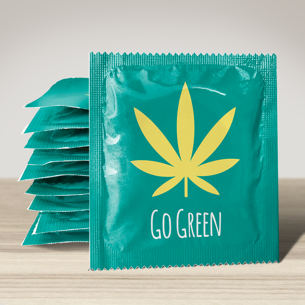 Image of funny condom "Go green Cannabis Leaf", 10 units