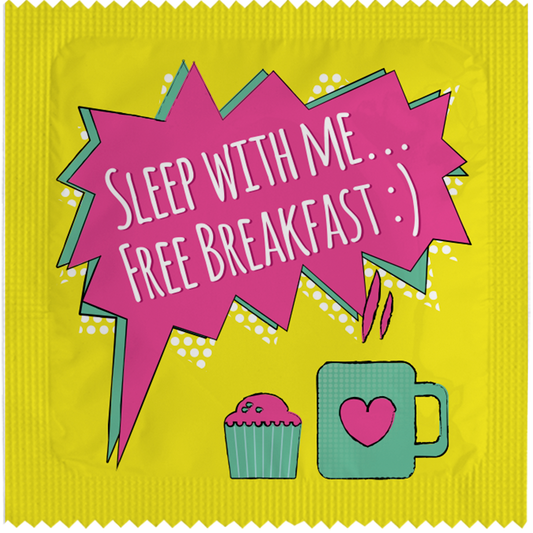 Image of funny condom "Sleep With Me... Free Breakfast"