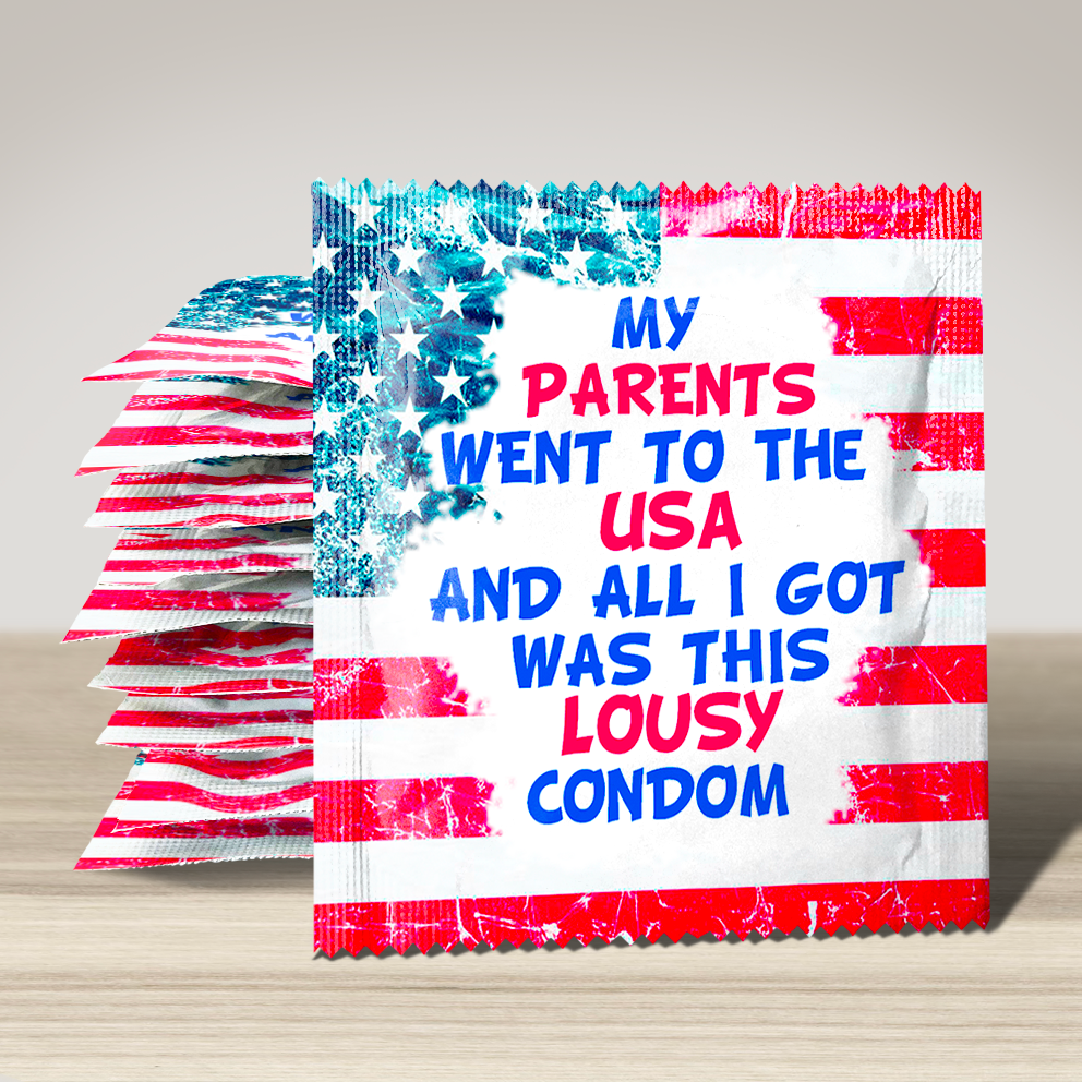 Image of funny condom "PARENTS USA", 10 units