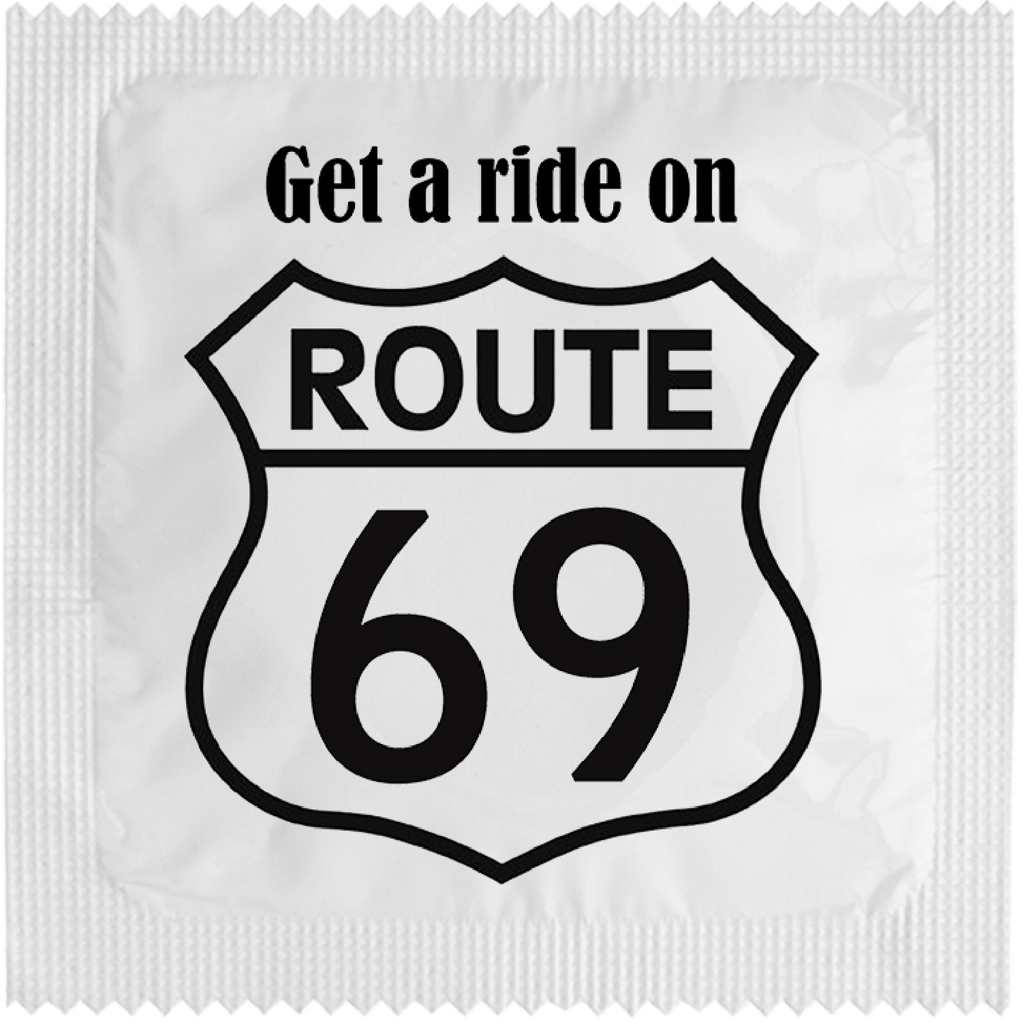 Image of funny condom "Get A Ride On Route 69"