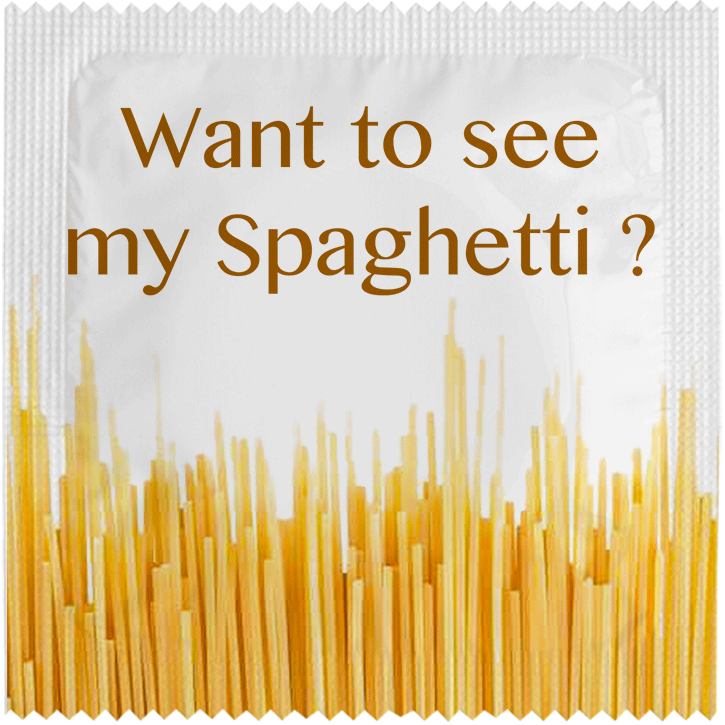Image of funny condom "Want To See My Spaghetti"