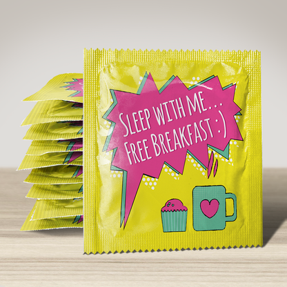 Image of funny condom "Sleep With Me... Free Breakfast", 10 units