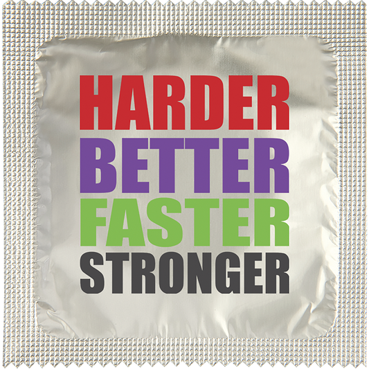 Image of funny condom "Harder Better Stronger"