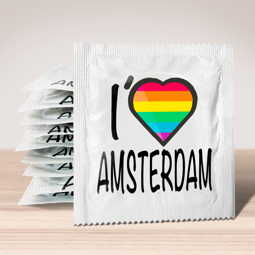 Image of funny condom "I Love Amsterdam (rainbow flag)", 10 units