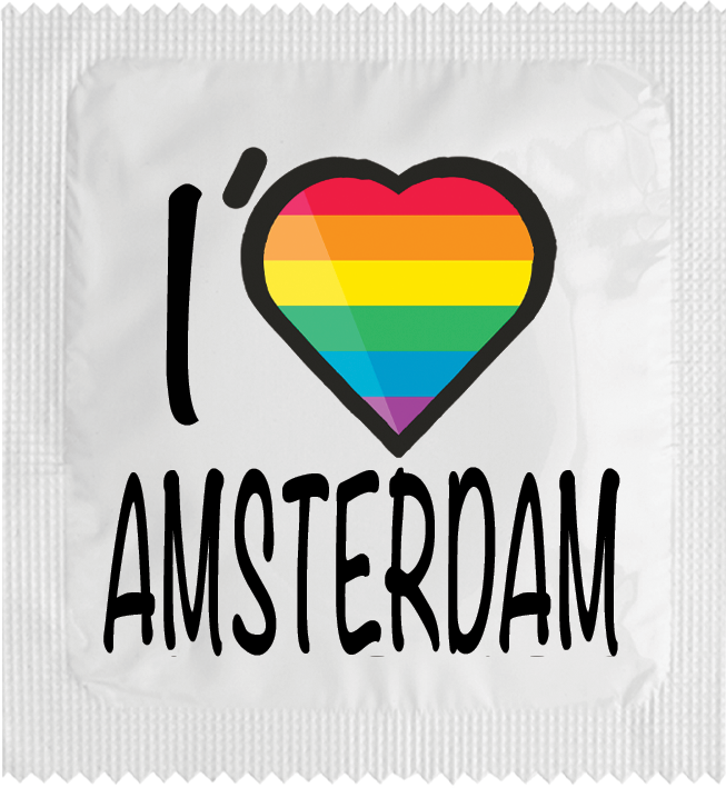 Image of funny condom "I Love Amsterdam (rainbow flag)"