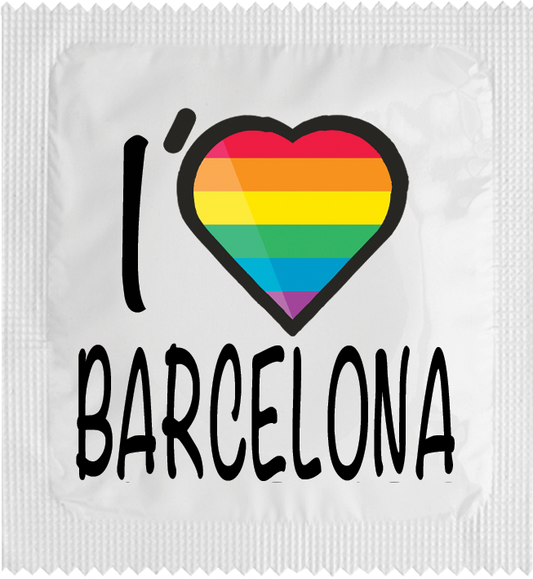 Image of funny condom "I Love Barcelona (rainbow flag)"