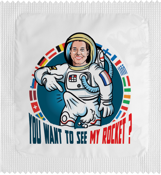 Image of funny condom "Want to see my rocket"