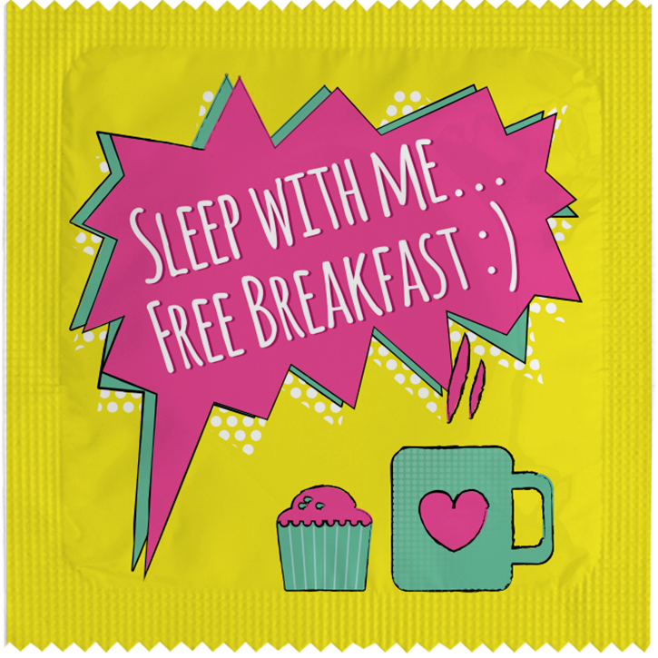 Image of funny condom "Sleep With Me... Free Breakfast"