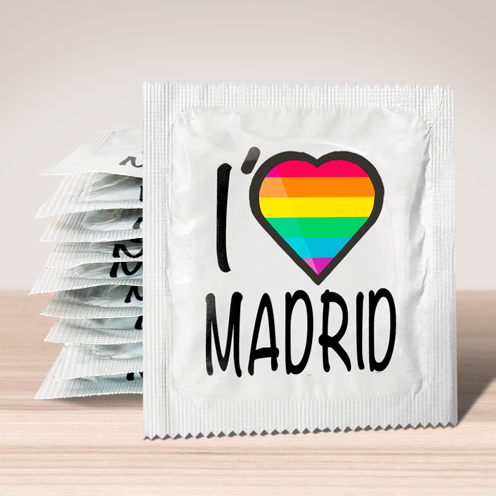 Image of funny condom "I Love Madrid (rainbow flag)", 10 units